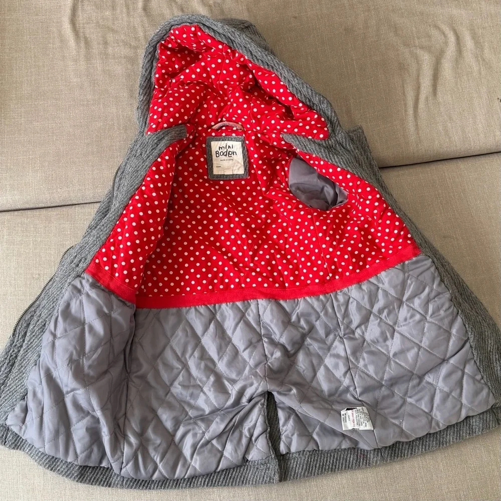 Mini Boden Girls Gray Wool Toggle Coat Polka Dot Lined Hooded Jacket